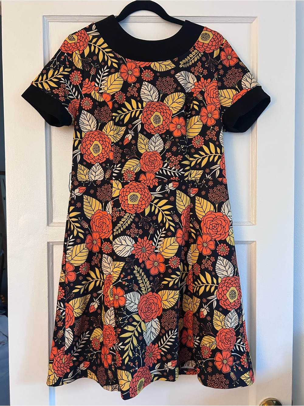 Smak Parlour 60’s Black Floral Fit-and-Flare Dress with Orange and Yellow Blooms